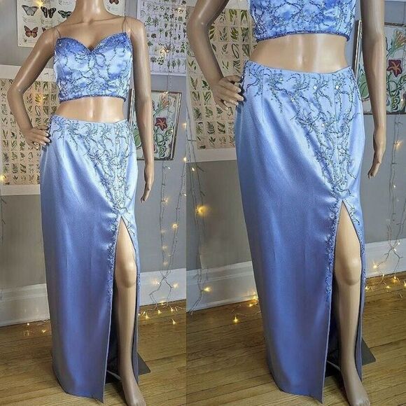 Vintage y2k Precious Formals Prom Dress 2 Piece Beaded Purple Satin Prom 10 - Picture 1 of 11
